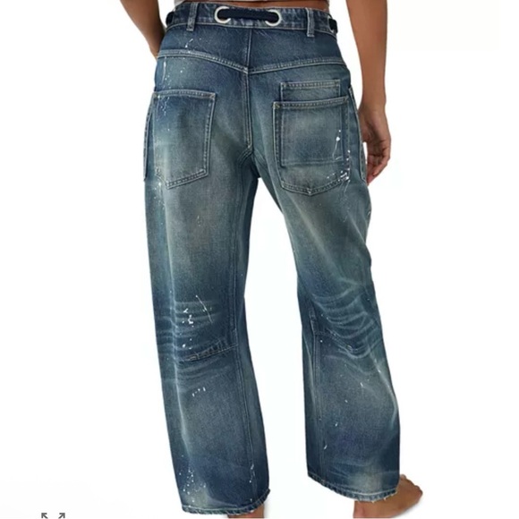 We The Free Moxie Low Slung Pull-on Barrel Jeans 25 Paint Splatter Drawstring - Picture 3 of 16